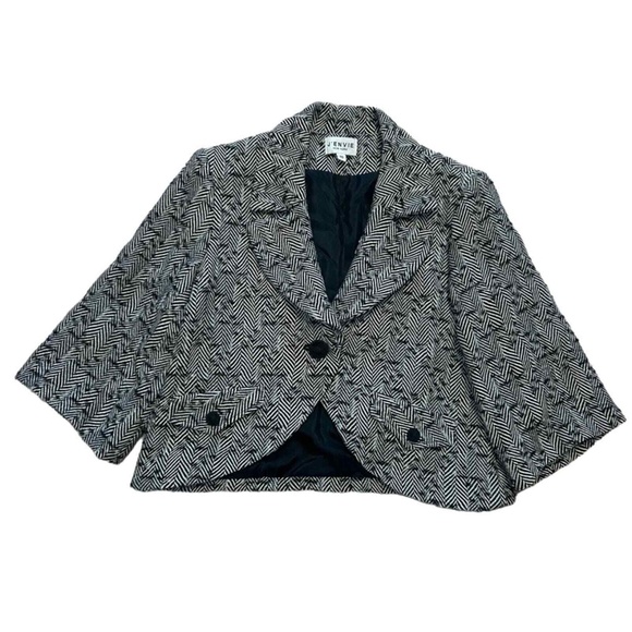 J’ENVIE NEW YORK Black & White Herringbone Wool Lined Cropped Jacket size 10 - Picture 1 of 9